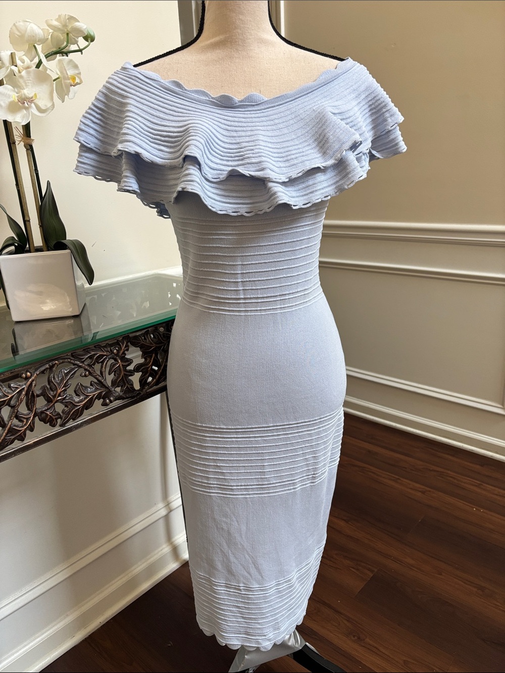 Eliza J Light Blue Off Shoulder Ruffled Knit Midi Dress size Medium